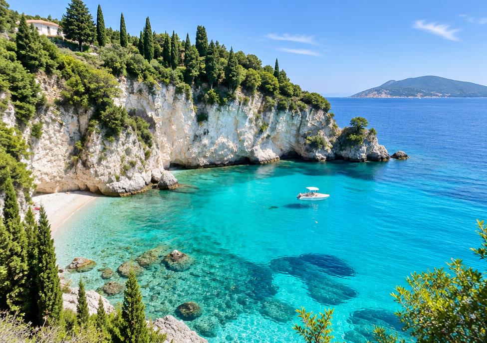 Golf cu apă turcoaz și faleze albe în Corfu
