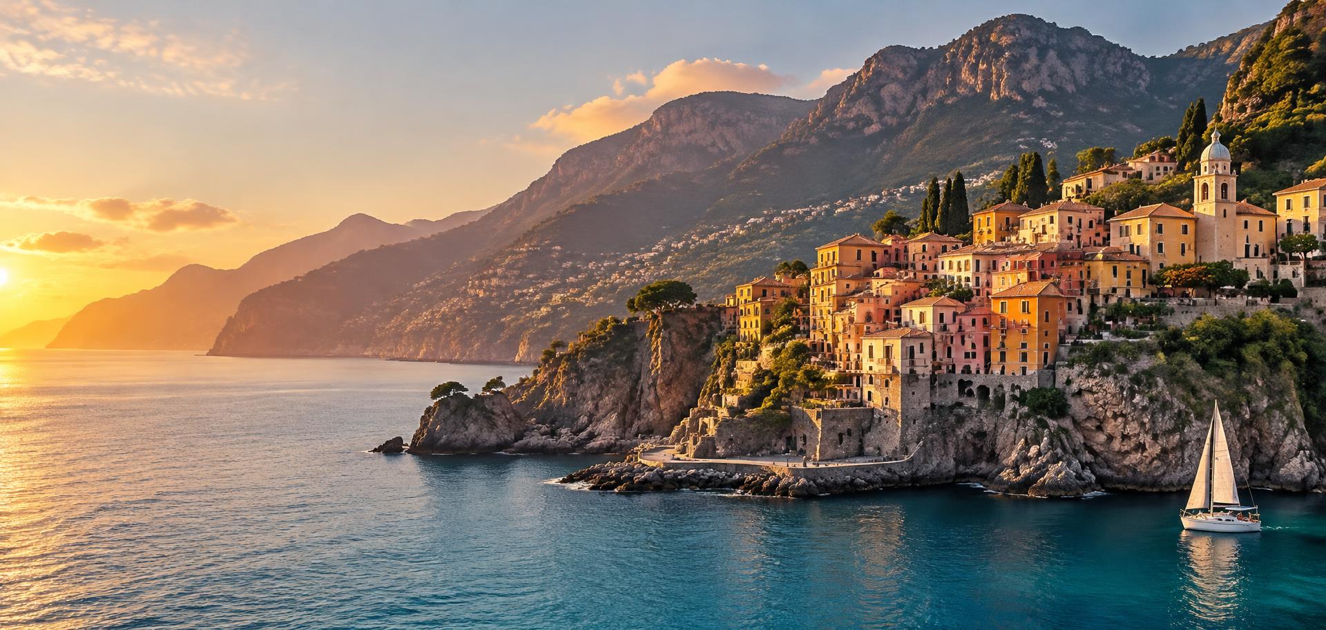 Sat mediteranean pe faleză, la apus, deasupra unui golf turcoaz