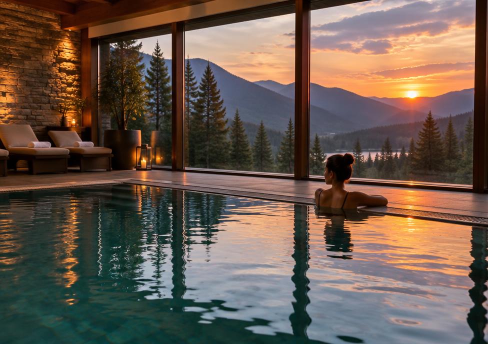 Piscină interioară cu vedere spre pădure la apus