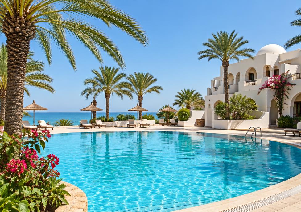 Piscină între palmieri lângă mare, în Tunisia